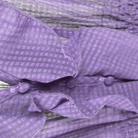 Basque Blouse Size 14 Purple Sheer Ruffle Short Sleeve Button-up Check Elastic - Picture 5 of 13